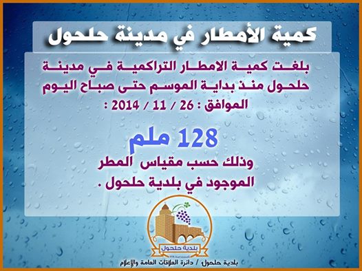كمية الأمطار في مدينة حلحول حتى تاريخ 26-11-2014
