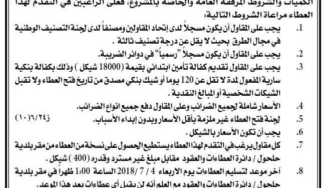 اعلان طرح عطاء اعادة تاهيل وتعبيد طرق داخية في حلحول ( طريق واد الظل )