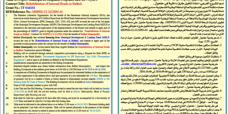 اعلان عطاء /  تأهيل طرق داخلية في حلحول – صندوق البلديات